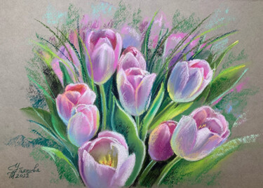 Schilderij getiteld "Tulips pastel paint…" door Tatyana Ustyantseva, Origineel Kunstwerk, Pastel