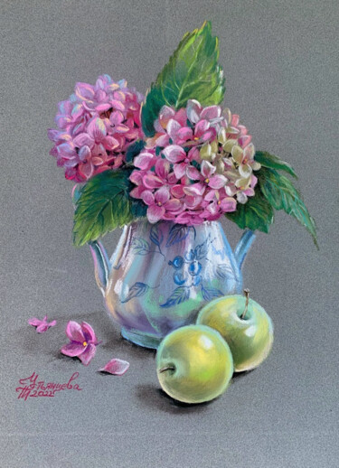 Malarstwo zatytułowany „Hydrangea painting” autorstwa Tatyana Ustyantseva, Oryginalna praca, Pastel