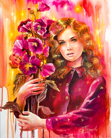 Картина под названием "Mallow flowers" - Tatyana Ustyantseva, Подлинное произведение искусства, Акрил