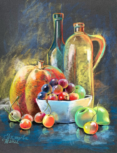 Peinture intitulée "bottles and fruits…" par Tatyana Ustyantseva, Œuvre d'art originale, Pastel
