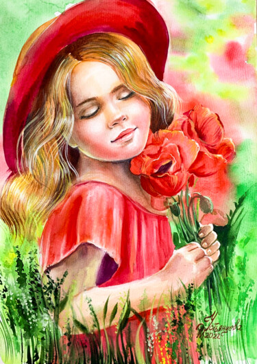 Painting titled "bouquet of poppies…" by Tatyana Ustyantseva, Original Artwork, Watercolor