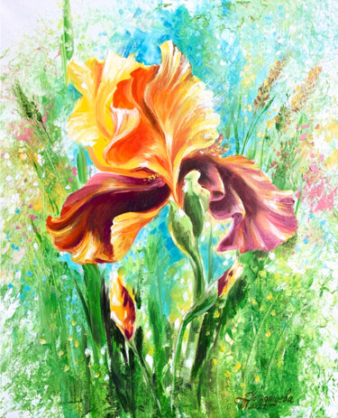 Pittura intitolato "Iris Flower oil pai…" da Tatyana Ustyantseva, Opera d'arte originale, Olio