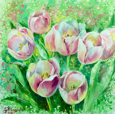Painting titled "tulips oil painting" by Tatyana Ustyantseva, Original Artwork, Oil