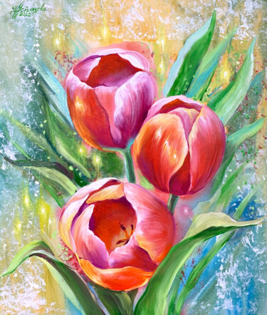 Schilderij getiteld "Red Tulips painting" door Tatyana Ustyantseva, Origineel Kunstwerk, Olie