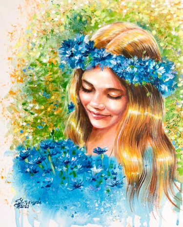 Painting titled "Bouquet of blue flo…" by Tatyana Ustyantseva, Original Artwork, Oil