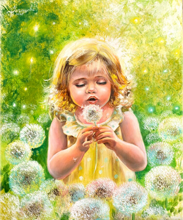 Painting titled "dandelions oil pain…" by Tatyana Ustyantseva, Original Artwork, Oil