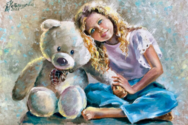 Pintura intitulada "Girl with a teddy b…" por Tatyana Ustyantseva, Obras de arte originais, Óleo
