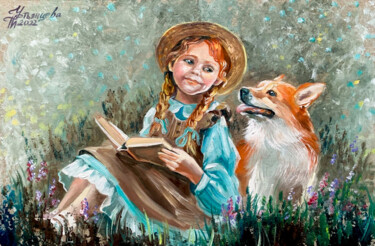 Pintura intitulada "Girl with dog oil p…" por Tatyana Ustyantseva, Obras de arte originais, Óleo