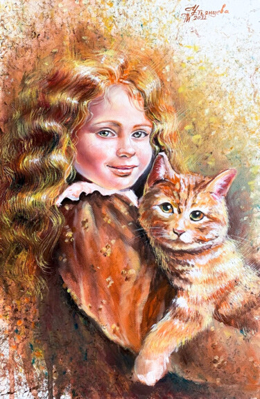 Painting titled "Girl with a cat oil…" by Tatyana Ustyantseva, Original Artwork, Oil