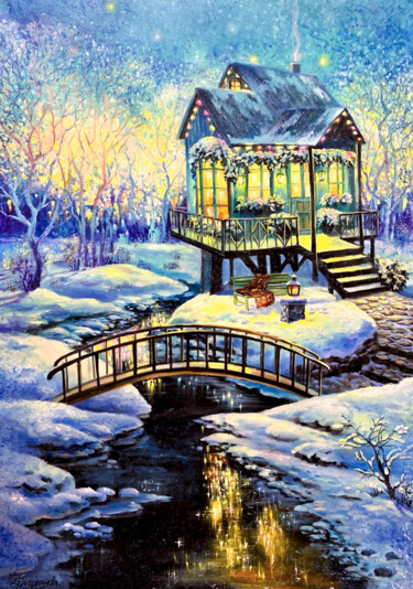 Pittura intitolato "Winter landscape wi…" da Tatyana Ustyantseva, Opera d'arte originale, Olio