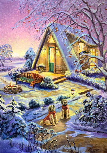 Malerei mit dem Titel "Cozy winter landsca…" von Tatyana Ustyantseva, Original-Kunstwerk, Öl