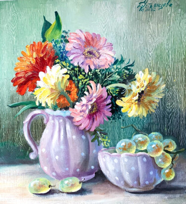 Pintura intitulada "Gerberas and grapes…" por Tatyana Ustyantseva, Obras de arte originais, Óleo