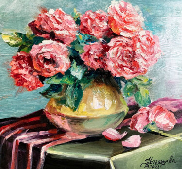 Pintura titulada "red roses oil paint…" por Tatyana Ustyantseva, Obra de arte original, Oleo
