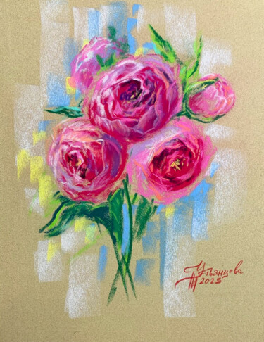 Malerei mit dem Titel "Pink Peonies painti…" von Tatyana Ustyantseva, Original-Kunstwerk, Pastell
