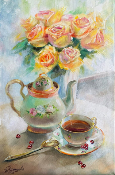 Peinture intitulée "Tea with pomegranat…" par Tatyana Ustyantseva, Œuvre d'art originale, Huile