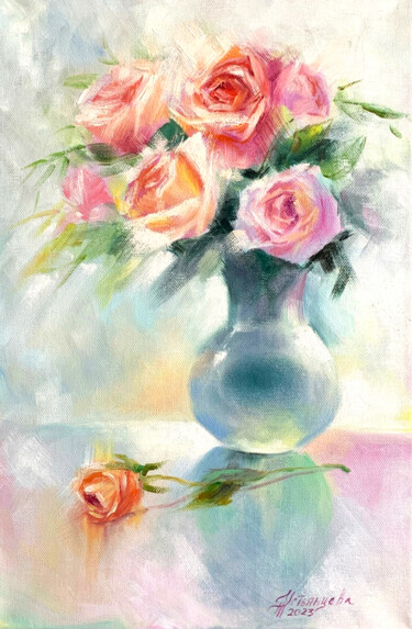 Картина под названием "Roses oil painting" - Tatyana Ustyantseva, Подлинное произведение искусства, Масло