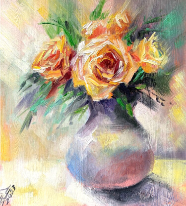Pittura intitolato "roses in a vase oil…" da Tatyana Ustyantseva, Opera d'arte originale, Olio