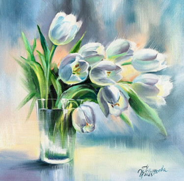 Картина под названием "White Tulips oil pa…" - Tatyana Ustyantseva, Подлинное произведение искусства, Масло