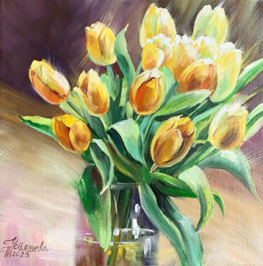 Painting titled "flowers tulips art" by Tatyana Ustyantseva, Original Artwork, Oil