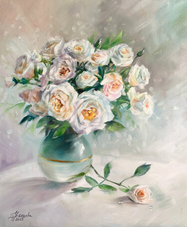 Painting titled "white bouquet paint…" by Tatyana Ustyantseva, Original Artwork, Oil Mounted on Wood Stretcher frame