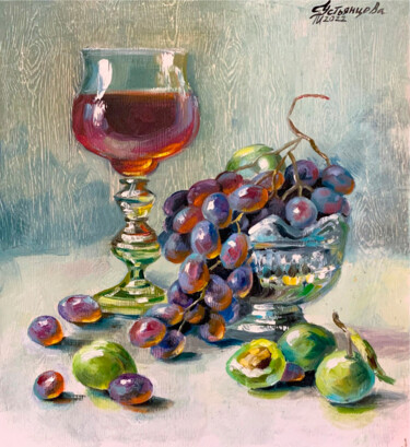 Painting titled "Glass and grapes oi…" by Tatyana Ustyantseva, Original Artwork, Oil