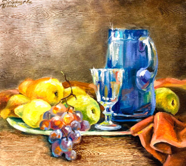 Malerei mit dem Titel "Blue Jug and grapes" von Tatyana Ustyantseva, Original-Kunstwerk, Öl