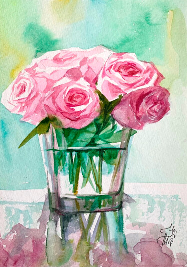 Malerei mit dem Titel "roses in a vase wat…" von Tatyana Ustyantseva, Original-Kunstwerk, Aquarell