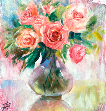 Pintura titulada "Roses in a vase" por Tatyana Ustyantseva, Obra de arte original, Oleo