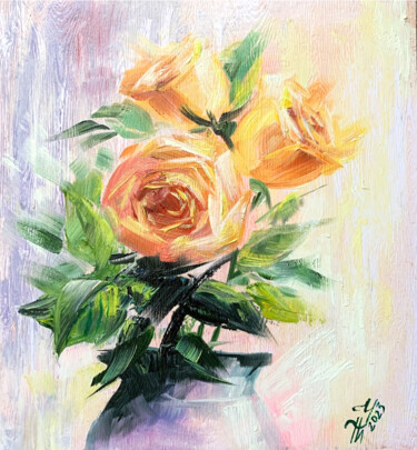 Painting titled "Golden Roses painti…" by Tatyana Ustyantseva, Original Artwork, Oil