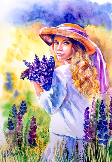 Schilderij getiteld "Girl with a bouquet…" door Tatyana Ustyantseva, Origineel Kunstwerk, Aquarel