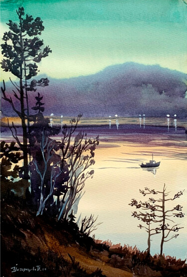 Pintura intitulada "Evening landscape w…" por Tatyana Ustyantseva, Obras de arte originais, Aquarela