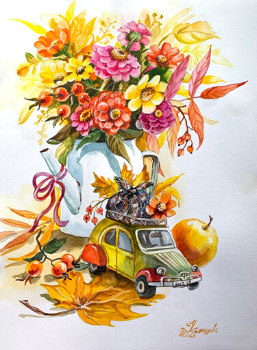 Картина под названием "autumn bouquet wate…" - Tatyana Ustyantseva, Подлинное произведение искусства, Акварель