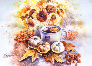 Pittura intitolato "Autumn still life w…" da Tatyana Ustyantseva, Opera d'arte originale, Acquarello