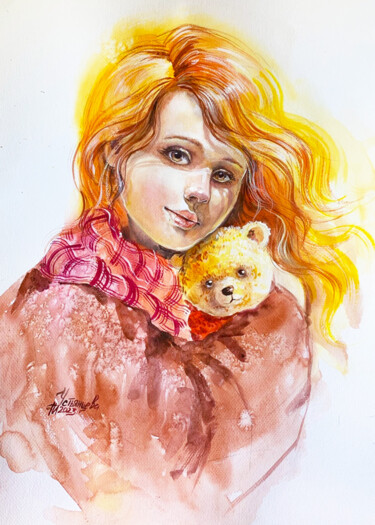 Ζωγραφική με τίτλο "Red Haired Girl Art" από Tatyana Ustyantseva, Αυθεντικά έργα τέχνης, Ακουαρέλα