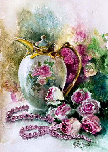 Malarstwo zatytułowany „Roses Still Life Wa…” autorstwa Tatyana Ustyantseva, Oryginalna praca, Akwarela