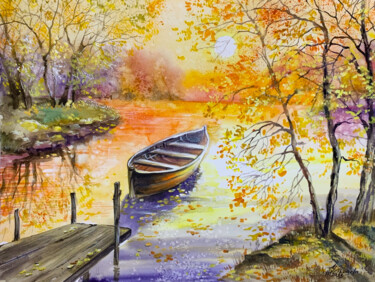 Malerei mit dem Titel "Autumn landscape wi…" von Tatyana Ustyantseva, Original-Kunstwerk, Aquarell
