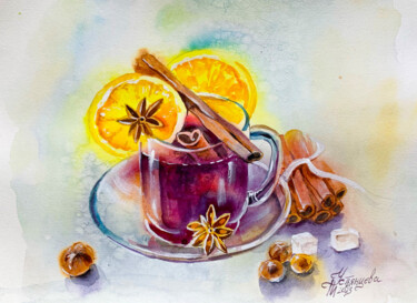 Painting titled "Tea with Cinnamon W…" by Tatyana Ustyantseva, Original Artwork, Watercolor