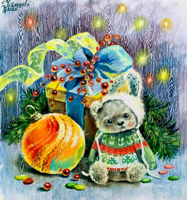 Painting titled "a gift for Christma…" by Tatyana Ustyantseva, Original Artwork, Oil