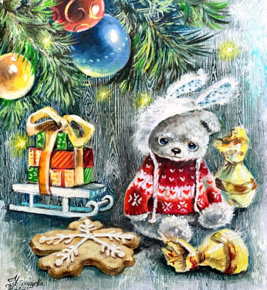 Pintura intitulada "Christmas Gift Oil…" por Tatyana Ustyantseva, Obras de arte originais, Óleo