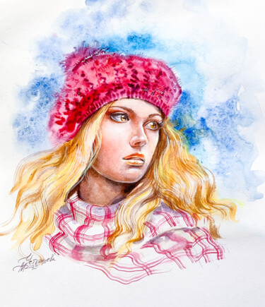 Картина под названием "Portrait girl origi…" - Tatyana Ustyantseva, Подлинное произведение искусства, Акварель