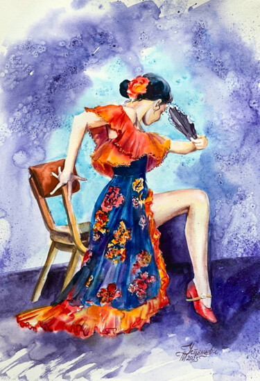 Malerei mit dem Titel "Flamenco watercolor…" von Tatyana Ustyantseva, Original-Kunstwerk, Aquarell