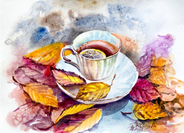 Malerei mit dem Titel "Tea with autumn lea…" von Tatyana Ustyantseva, Original-Kunstwerk, Aquarell