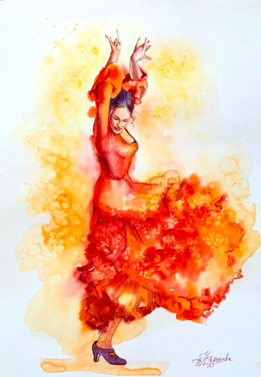 Malerei mit dem Titel "Flamenco dance" von Tatyana Ustyantseva, Original-Kunstwerk, Aquarell