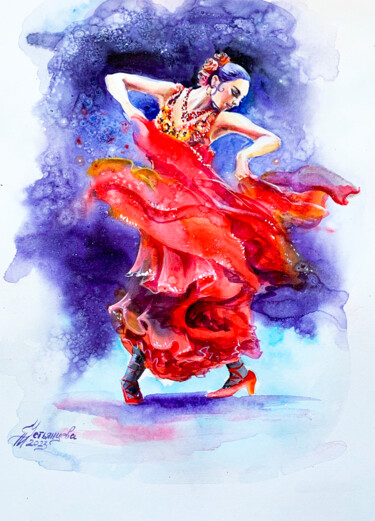 Painting titled "Flamenco dance of p…" by Tatyana Ustyantseva, Original Artwork, Watercolor