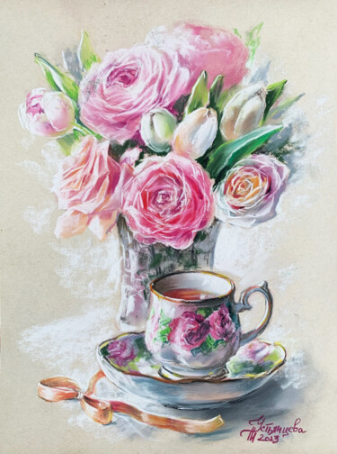 Painting titled "Still life with ros…" by Tatyana Ustyantseva, Original Artwork, Pastel