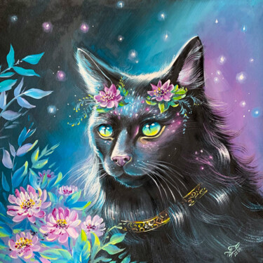 Ζωγραφική με τίτλο "Black cat and flowe…" από Tatyana Ustyantseva, Αυθεντικά έργα τέχνης, Λάδι