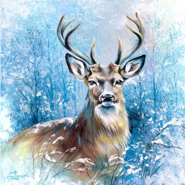 Картина под названием "Deer in the winter…" - Tatyana Ustyantseva, Подлинное произведение искусства, Масло