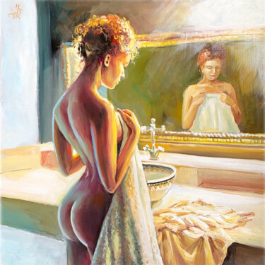 Malerei mit dem Titel "A Woman in front of…" von Tatyana Ustyantseva, Original-Kunstwerk, Öl