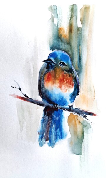 Malerei mit dem Titel "Little bird" von Tata Vo, Original-Kunstwerk, Aquarell