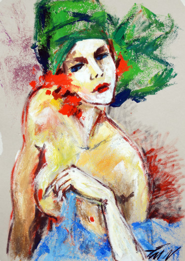 Peinture intitulée "The girl in the gre…" par Natalia Mustaeva, Œuvre d'art originale, Gouache
